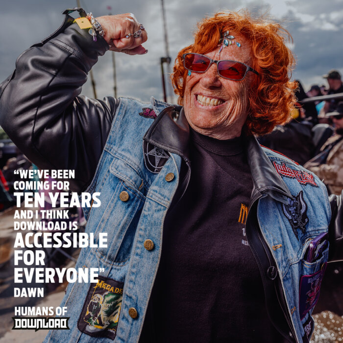 Download fan Dawn striking a pose with caption text: 'We've been coming for ten years and I think Download is accessible for everyone.' - Dawn - Humans of Download