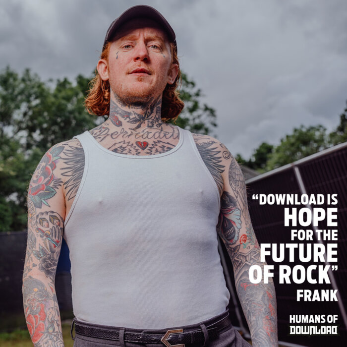 Frank Carter striking a pose with caption text: 'Download is hope for the future of rock.' - Frank - Humans of Download