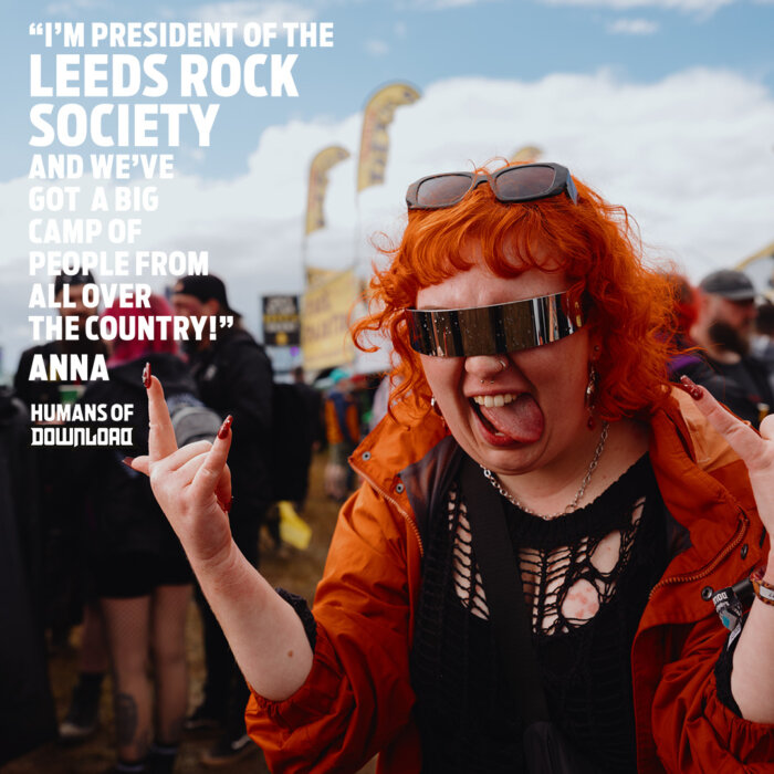 Download fan Anna striking a pose with caption text: 'I'm president of the Leeds Rock Society and we've got a big camp of people from all over the country!' - Anna - Humans of Download 