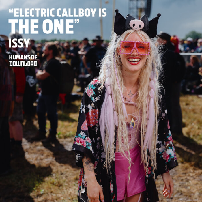 Download fan Issy striking a pose with caption text: 'Electric Callboy is the one.' - Issy - Humans of Download