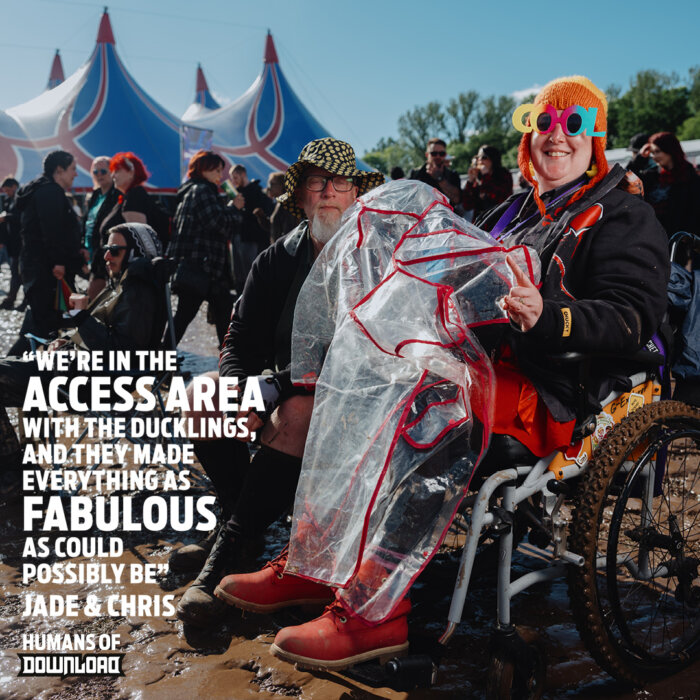 Download fans Jade & Chris striking a pose with caption text: 'We're in the access area with the ducklings, and they made everything as fabulous as could possibly be.' - Jade & Chris - Humans of Download 