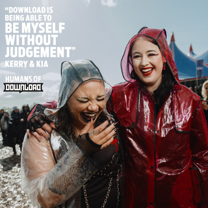 Download fans Kerry & Kia striking a pose with caption text: 'Download is being able to be myself without judgement.' - Kerry & Kia - Humans of Download