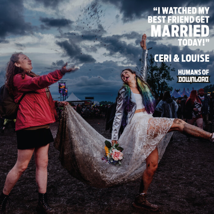 Download fans Ceri & Louise striking a pose with caption text: 'I watched my best friend get married today!' - Ceri & Louise - Humans of Download