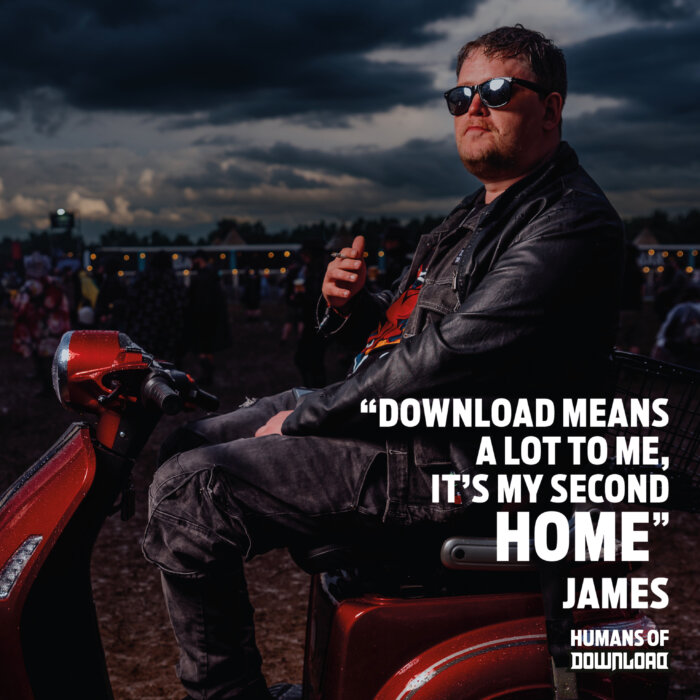 Download fan James striking a pose with caption text: 'Download means a lot to me, it's my second home.' - James - Humans of Download