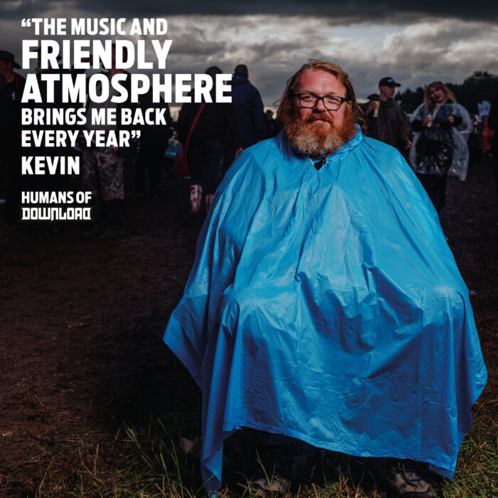 Download fan Kevin striking a pose with caption text: 'The music and friendly atmosphere brings me back every year.' - Kevin - Humans of Download