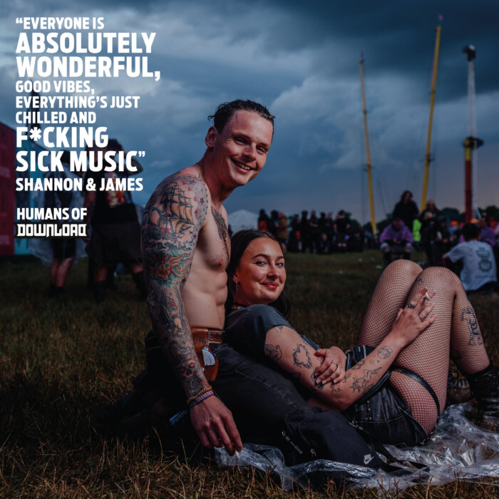 Download fans Shannon & James striking a pose with caption text: 'Everyone is absolutely wonderful, good vibes, everything's just chilled and f*cking sick music.' - Shannon & James - Humans of Download 