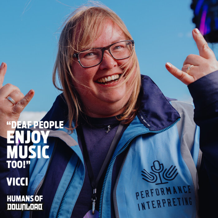 Download performance interpreter Vicci striking a pose with caption text: 'Deaf people enjoy music too.' - Vicci - Humans of Download