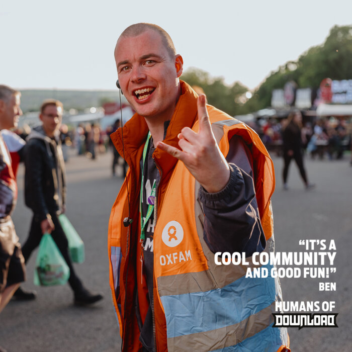 Download volunteer Ben striking a pose with caption text: 'It's a cool community and good fun!' - Ben - Humans of Download