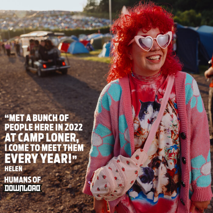 Download fan Helen striking a pose with caption text: 'Met a bunch of people here in 2022 at Camp Loner, I come to see them every year!' - Helen - Humans of Download 