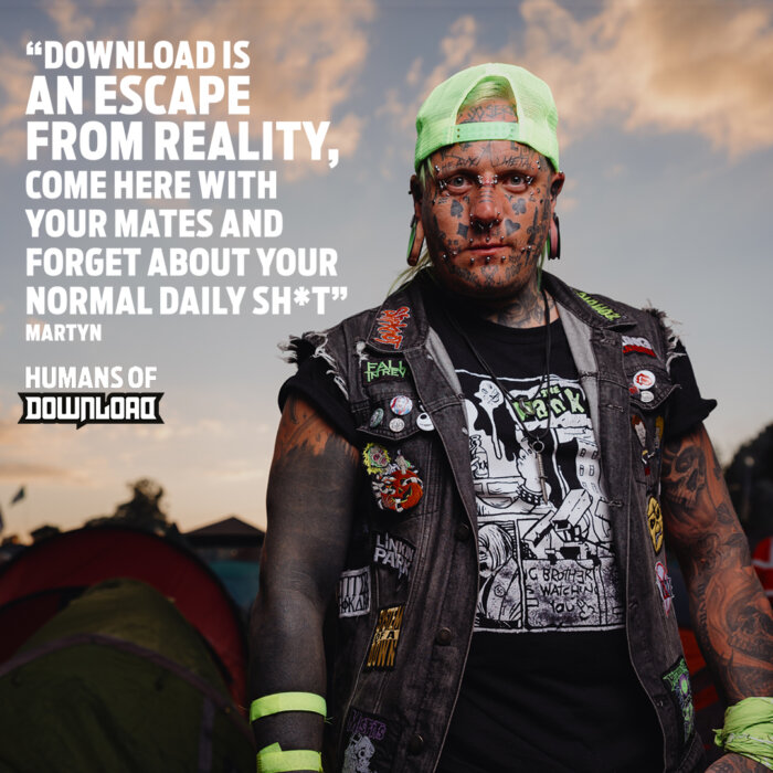 Download fan Martyn striking a pose with caption text: 'Download is an escape from reality, come here with your mates and forget about your normal daily sh*t.' - Martyn - Humans of Download