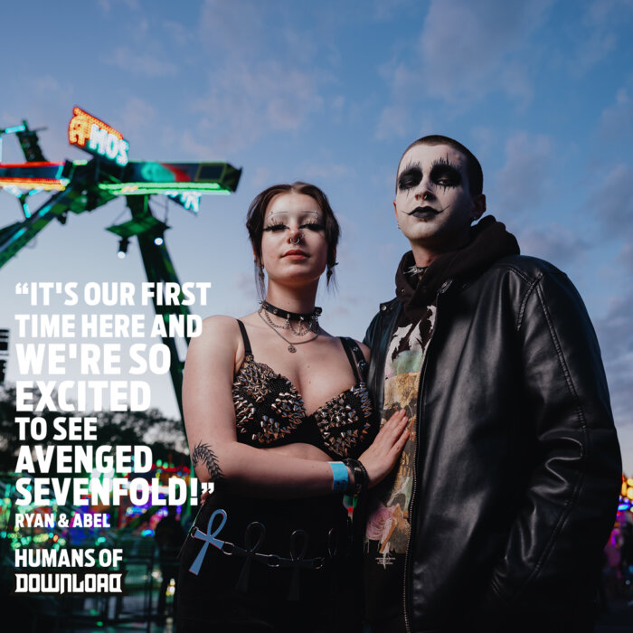 Download fans Ryan & Abel striking a pose with caption text: 'It's our first time here and we're so excited to see Avenged Sevenfold!' - Ryan & Abel - Humans of Download