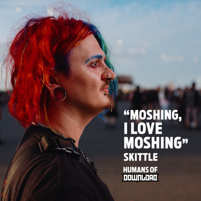 Download fan Skittle striking a pose with caption text: 'Moshing, I love moshing.' - Skittle - Humans of Download