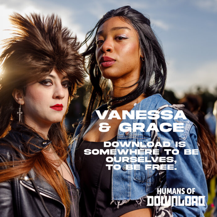 Download fans Vanessa & Grace striking a pose with caption text: 'Download is somewhere to be ourselves, to be free.' - Vanessa & Grace - Humans of Download 
