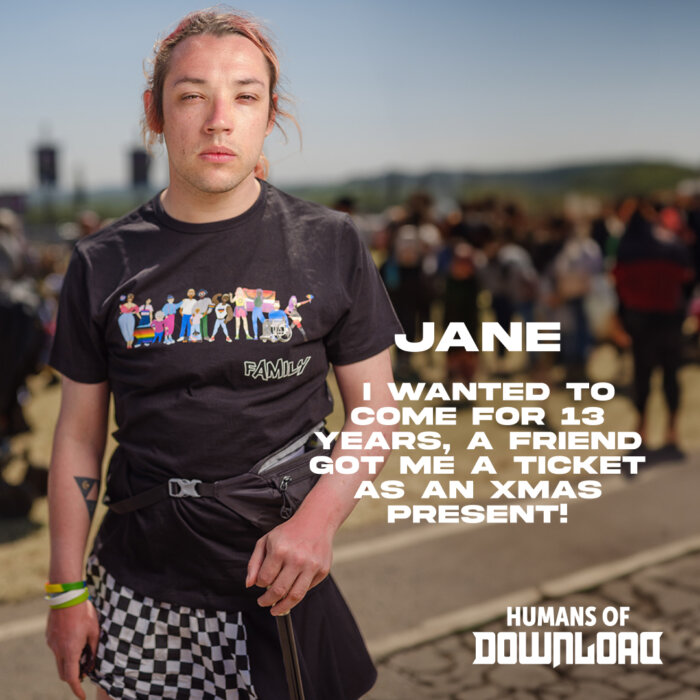 Download fan Jane striking a pose with caption text: 'I wanted to come for 13 years, a friend got me a ticket as an Xmas present!' - Jane - Humans of Download