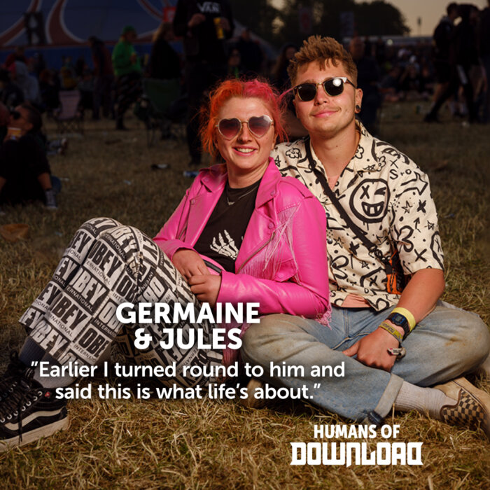 Download fans Germain & Jules striking a pose with caption text: 'Earlier I turned round to him and said this is what life's about.' - Germaine & Jules - Humans of Download 
