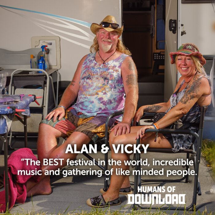 Download fans Alan & Vicky striking a pose with caption text: 'The BEST festival in the world, incredible music and gathering of like minded people.' Alan & Vicky - Humans of Download