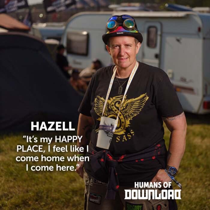 Download fan Hazell striking a pose with caption text: 'It's my HAPPY PLACE, I feel like I come home when I come here.' - Hazell - Humans of Download 