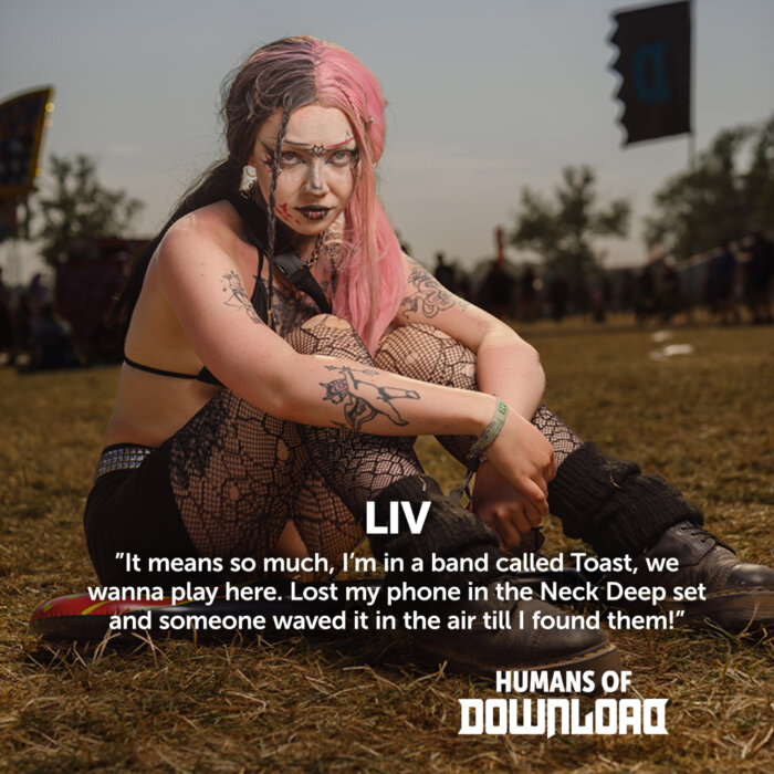 Download fan Liv striking a pose with caption text: 'It means so much, I'm in a band called Toast, we wanna play here. Lost my phone in the Neck Deep set and someone waved it in the air till I found them.' - Liv - Humans of Download