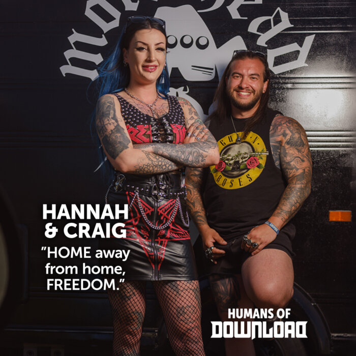 Download fans Hannah & Craig striking a pose with caption text: 'HOME away from home, FREEDOM.' - Hannah & Craig - Humans of Download 