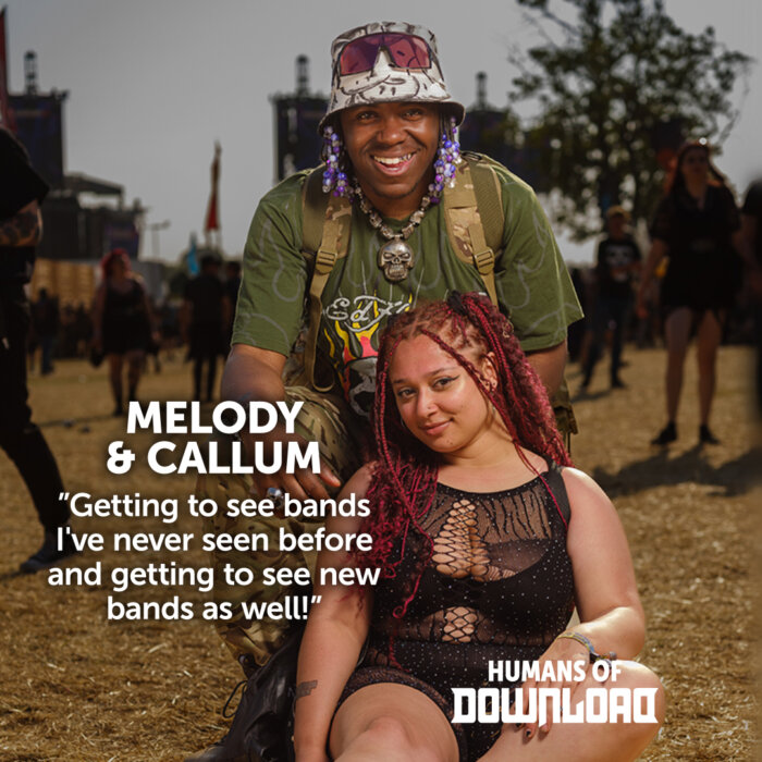 Download fans Melody & Callum striking a pose with caption text: 'Getting to see bands I've never seen before and getting to see new bands as well!' - Melody & Callum - Humans of Download 