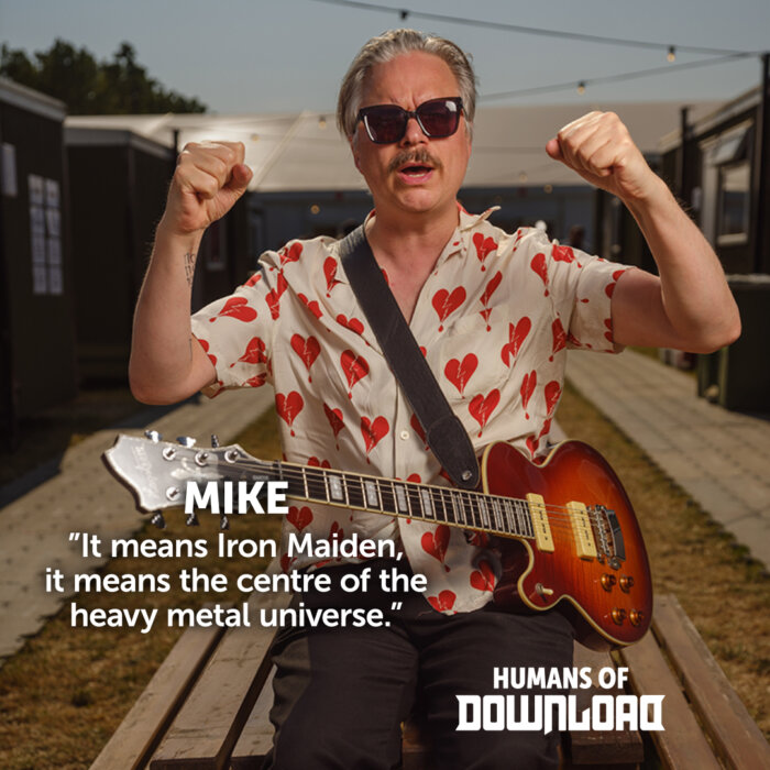 Mike Vennart striking a pose with caption text: 'It means Iron Maiden, it means the centre of the heavy metal universe.' - Mike - Humans of Download