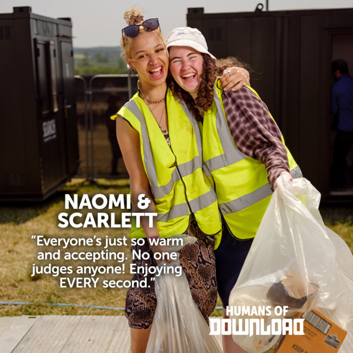 Download volunteers Naomi & Scarlett striking a pose with caption text: 'Everyone's just so warm and accepting. No one judges anyone! Enjoying EVERY second.' - Naomi & Scarlett - Humans of Download