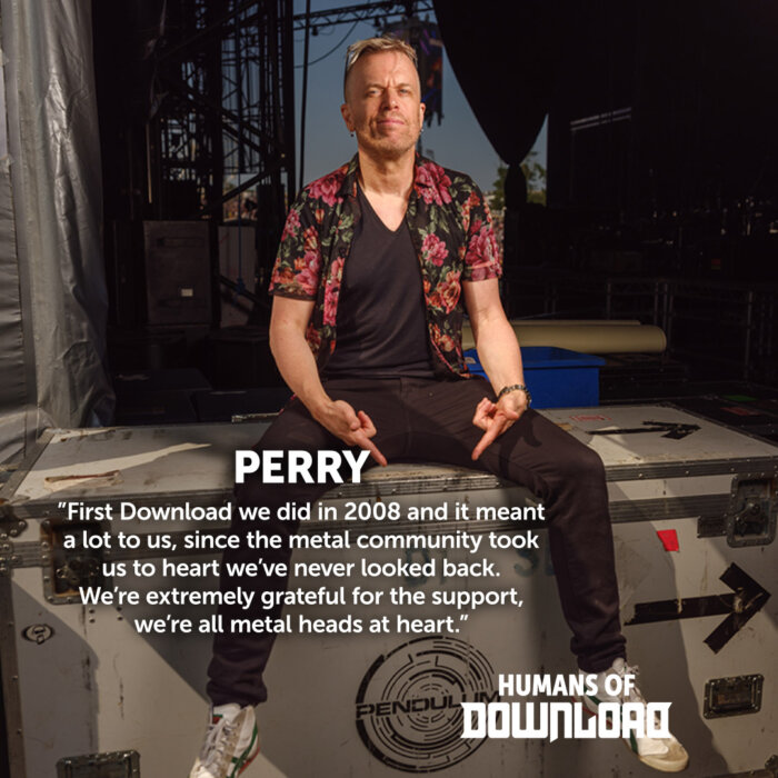 Peredur ap Gwynedd striking a pose with caption text: 'First Download we did in 2008 and it meant a lot to us, since the metal community took us to heart we've never looked back. We're extremely grateful for the support. we're all metal heads at heart.' - Perry - Humans of Download