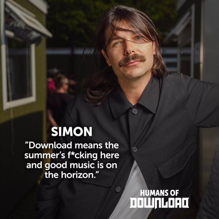 Simon Neil striking a pose with caption text: 'Download means the summer's f*cking here and good music is on the horizon.' - Simon Neil - Humans of Download