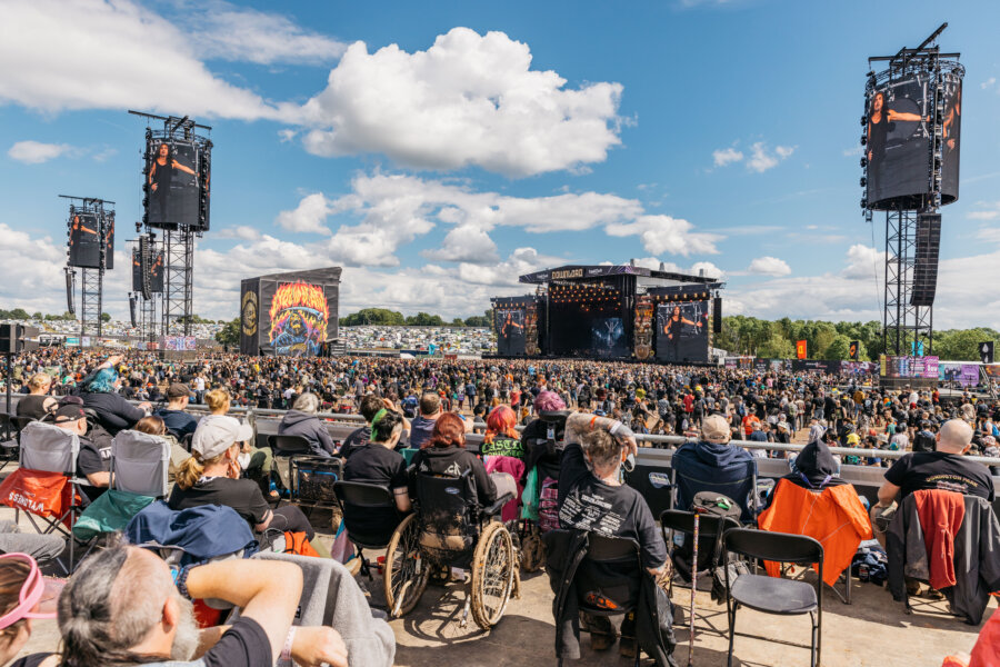 Photograph of the raised accessible viewing platform overlooking the main stage at Download festival