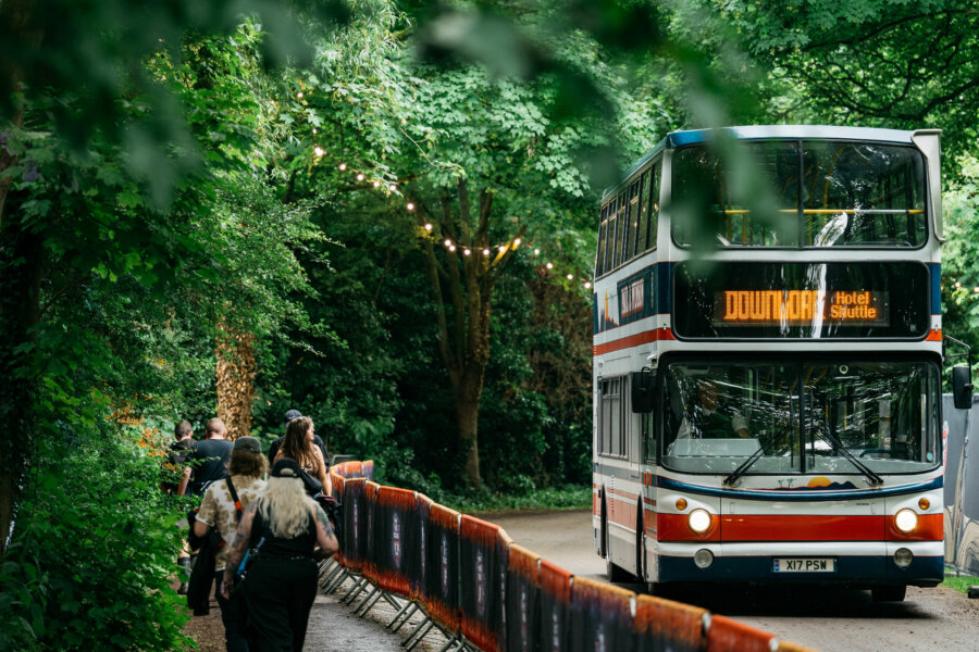 Photograph of a hotel shuttle heading to Download Festival