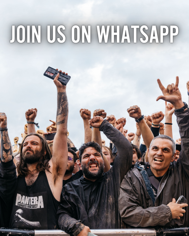 Crowd at Download Festival with text 'Join us on Whatsapp'