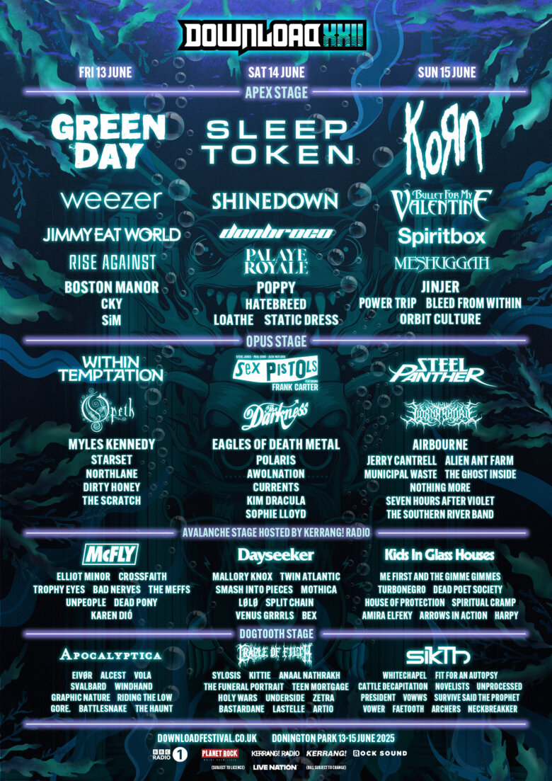 Download line-up poster showing who is playing the 2025 event. On Friday 13th June on the Apex Stage, logos are listed for Green Day, Weezer, Jimmy Eat World and Rise Against. Also listed are Boston Manor, CKY and SiM. On Saturday 14th June logos are listed for Sleep Token, Shinedown, Don Broco and Palaye Royale. Also listed are Poppy, Hatebreed, Loathe and Static Dress. On Sunday 15th June logos are listed for Korn, Bullet For My Valentine, Spiritbox and Meshuggah. Also listed are Jinjer, Power Trip, Bleed From Within and Orbit Culture. On Friday 13th June on the Opus Stage, logos are listed for Within Temptation and Opeth. Also listed are Myles Kennedy, Starset, Northlane, Dirty Honey and The Scratch. On Saturday 14th June logos are listed for Paul Cook, Steve Jones, Glen Matlock - Sex Pistols featuring Frank Carter and The Darkness. Also listed are Eagles Of Death Metal, Polaris, Awolnation, Currents, Kim Dracula and Sophie Lloyd. On Sunday 15th June logos are listed for Steel Panther and Lorna Shore. Also listed are Airbourne, Jerry Cantrell, Alien Ant Farm, Municipal Waste, The Ghost Inside, Nothing More, Seven Hours After Violet and The Southern River Band. On Friday 13th June on the Avalanche Stage hosted by Kerrang! Radio, logos are listed for McFly. Also listed are Elliot Minor, Crossfaith, Trophy Eyes, Bad Nerves, The Meffs, Unpeople, Dead Pony and Karen Dió. On Saturday 14th June logos are listed for Dayseeker. Also listed are Mallory Knox, Twin Atlantic, Smash Into Pieces, Mothica, Lølø, Split Chain, Venus Grrrls and Bex. On Sunday 15th June logos are listed for Kids In Glass Houses. Also listed are Me First and The Gimme Gimmes, Turbonegro, Dead Poet Society, House Of Protection, Spiritual Cramp, Amira Elfeky, Arrows In Action and Harpy. On Friday 13th June on the Dogtooth Stage, logos are listed for Apocalyptica. Also listed are Eivør, Alcest, Vola, Svalbard, Windhand, Graphic Nature, Riding The Low, Gore., Battlesnake and The Haunt. On Saturday 14th June logos are listed for Cradle Of Filth. Also listed are Sylosis, Kittie, Anaal Nathrakh, The Funeral Portrait, Teen Mortgage, Holy Wars, Underside, Zetra, Bastardane, Lastelle and Artio. On Sunday 15th June logos are listed for Sikth. Also listed are Whitechapel, Fit For An Autopsy, Cattle Decapitation, Novelists, Unprocessed, President, Vowws, Survive Said The Prophet, Vower, Faetooth, Archers and Neckbreakker.