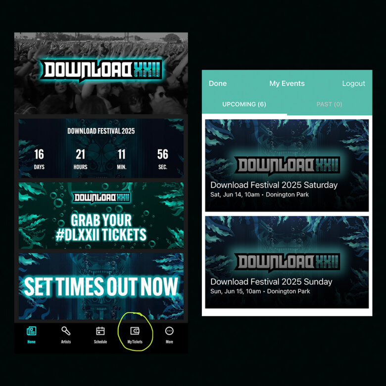On the left: Download Festival app home screen with My Tickets section circled on menu bar. On the right: My Events section of Download Festival app showing tickets for Download Festival.