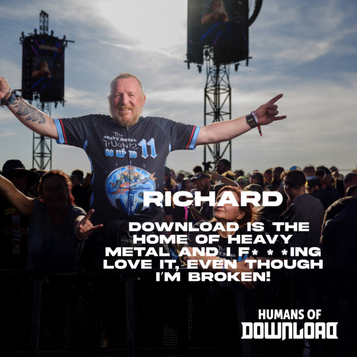 Download fan Richard striking a pose with caption text: 'Download is the home of heavy metal and I f*cking love it, even though I'm broken!' - Richard - Humans of Download