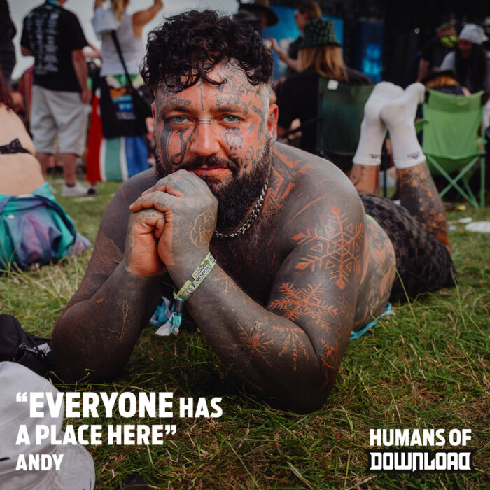 Download fan Andy striking a pose with caption text: 'Everyone has a place here' - Andy - Humans of Download