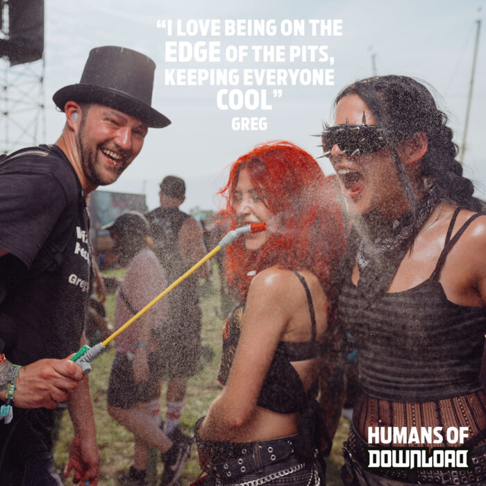 Download fan Greg striking a pose with caption text: 'I love being on the edge of the pits, keeping everyone cool' - Greg - Humans of Download
