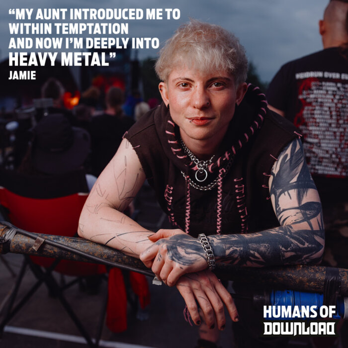 Download fan Jamie striking a pose with caption text: 'My aunt introduced me to Within Temptation and now I'm deeply into heavy metal' - Jamie - Humans of Download
