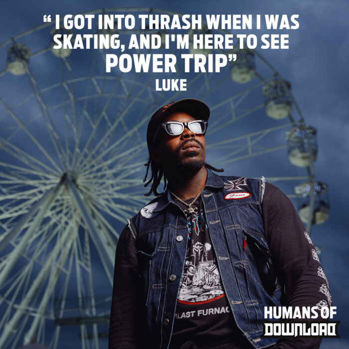 Download fan Luke striking a pose with caption text: 'I got into thrash when I was skating, and I'm here to see Power Trip' - Luke - Humans of Download
