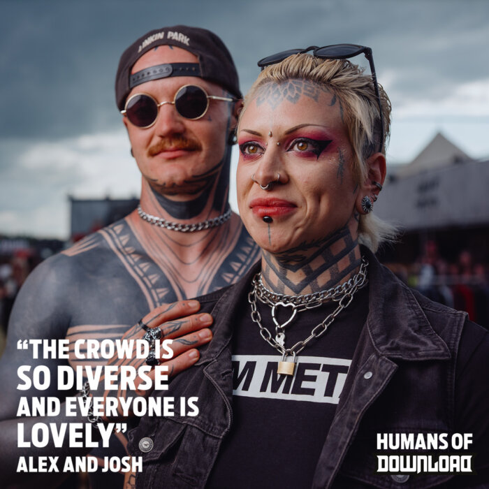 Download fans Alex & Josh striking a pose with caption text: 'The crowd is so diverse and everyone is lovely' - Alex & Josh - Humans of Download
