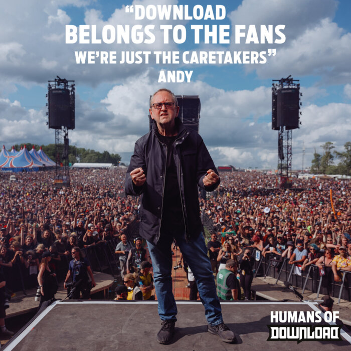 Andy Copping striking a pose in front of a large crowd with caption text: 'Download belongs to the fans. We're just the caretakers' - Andy Copping - Humans of Download