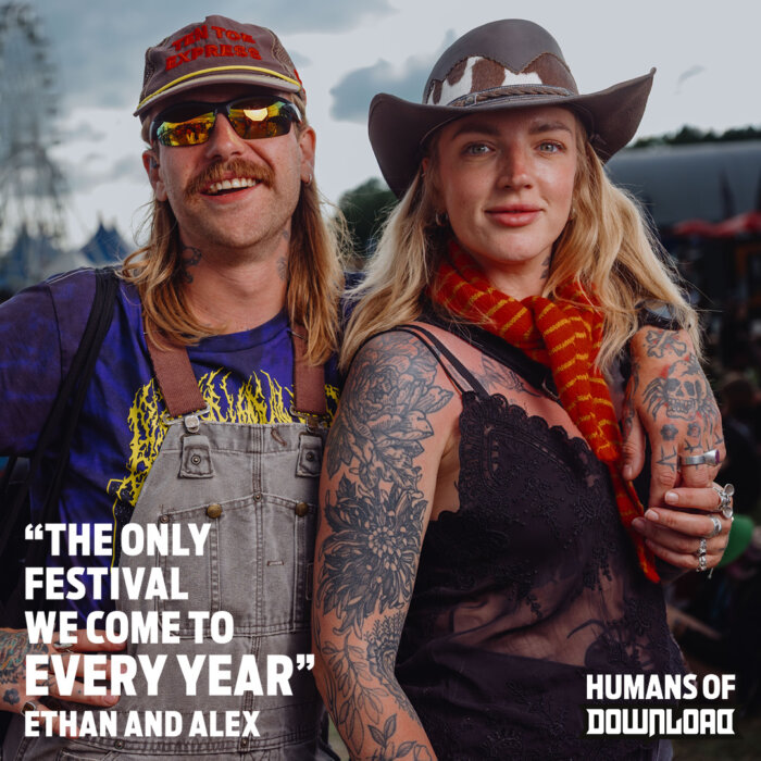 Download fans Ethan and Alex striking a pose with caption text: 'The only festival we come to every year' - Ethan and Alex- Humans of Download