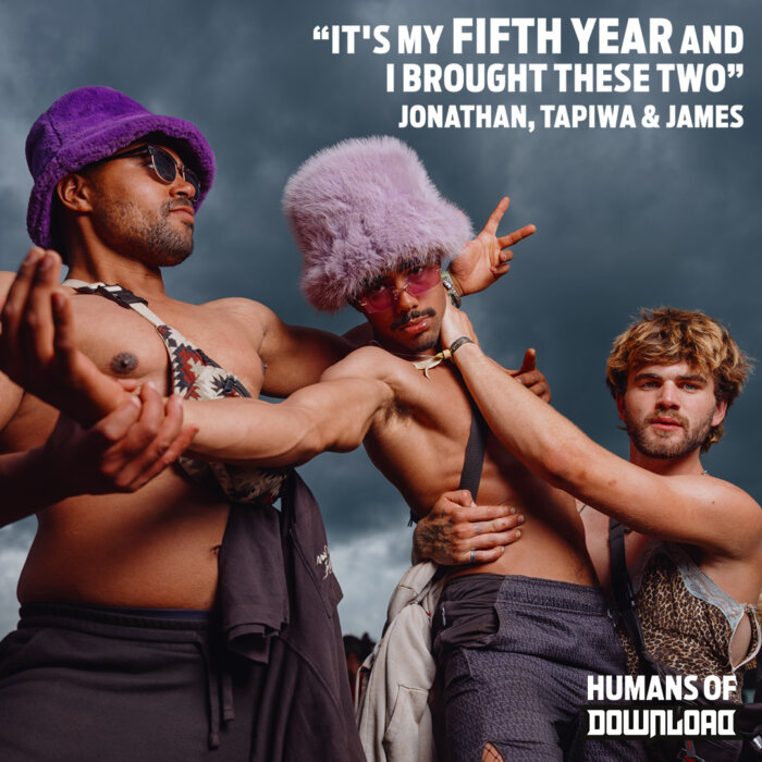 Download fans Jonathan, Tapiwa & James striking a pose with caption text: 'It's my fifth year and I brought these two' - Jonathan, Tapiwa & James - Humans of Download