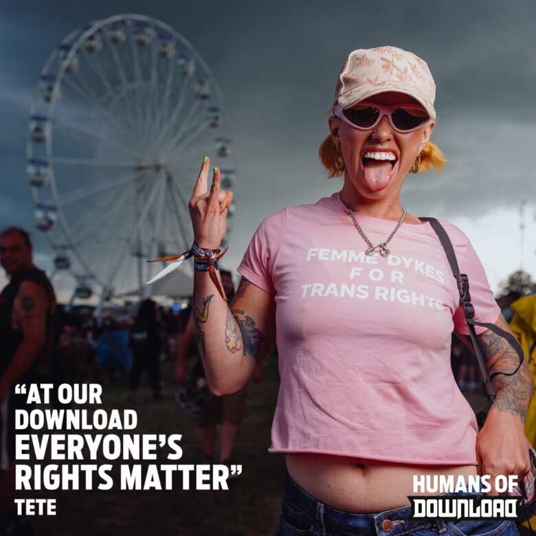 Download fan Tete striking a pose with caption text: 'At our Download everyone's rights matter' - Tete - Humans of Download