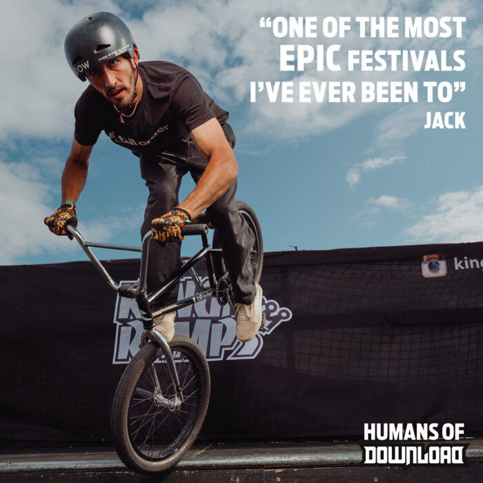 BMX rider Jack striking a pose with caption text: 'One of the most epic festivals I've ever been to.' - Jack - Humans of Download