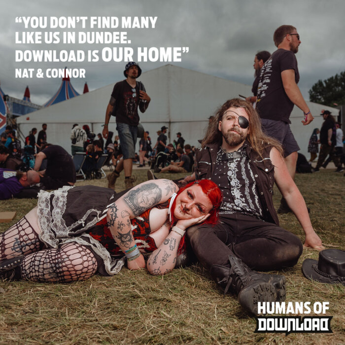 Download fans Nat and Connor striking a pose with caption text: 'You don't find many like us in Dundee. Download is our home.' - Nat and Connor - Humans of Download