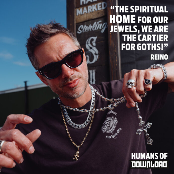 Download fan Reino striking a pose with caption text: 'The spiritual home for our jewels, we are the Cartier for goths!' - Reino - Humans of Download