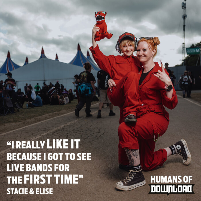 Download fans Stacie and Elise striking a pose with caption text: 'I really like it because I got to see live bands for the first time.' - Stacie and Elise - Humans of Download