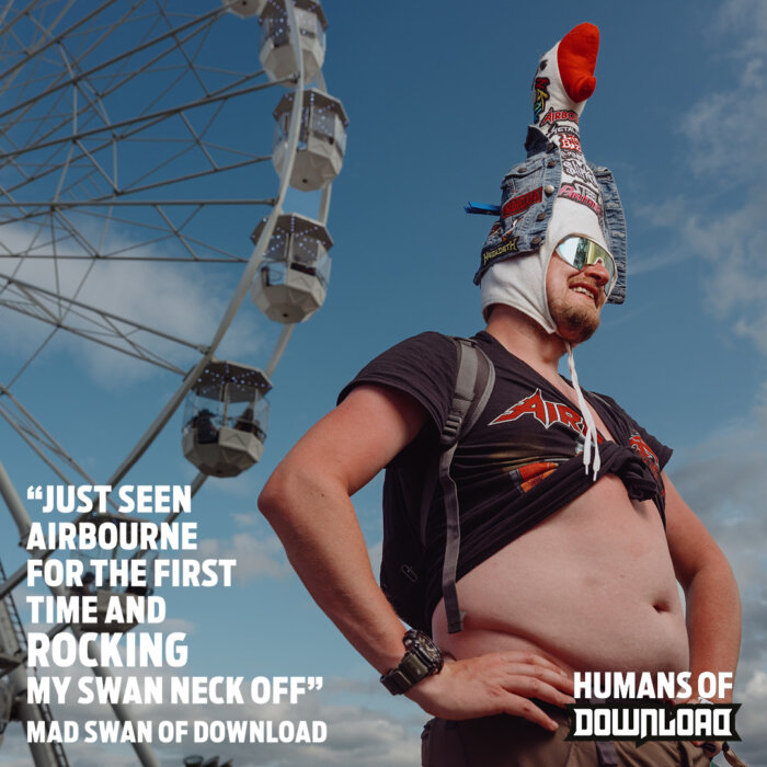 Download fan striking a pose with caption text: 'Just seen Airbourne for the first time and rocking my swan neck off.' - Mad Swan of Download - Humans of Download