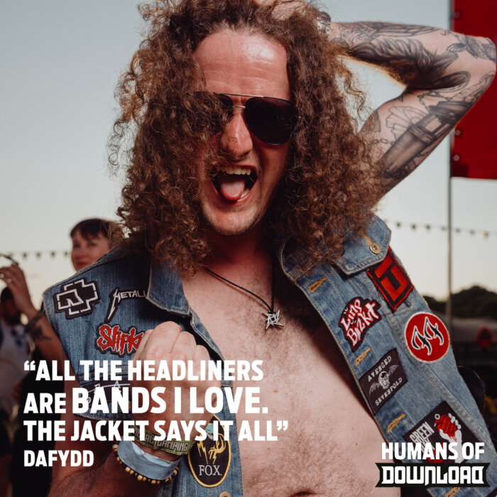 Download fan Dafydd striking a pose with caption text: 'All the headliners are bands I love. The jacket says it all.' - Dafydd - Humans of Download