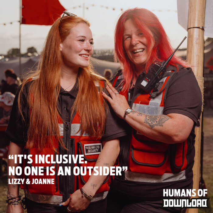 Security Lizzy & Joanne striking a pose with caption text: 'It's inclusive, no one is an outsider.' - Lizzy & Joanne - Humans of Download